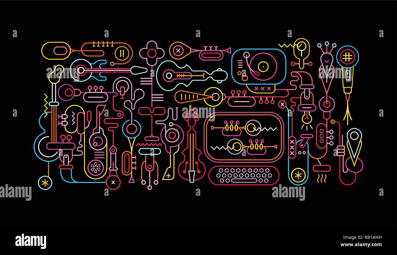 Negozio di musica di arte astratta illustrazione vettoriale. Colori al neon sagome isolate su uno sfondo nero. Illustrazione Vettoriale