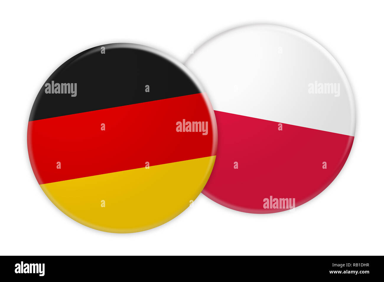 News Concept: Germania bandiera pulsante sulla bandiera della Polonia pulsante, 3d illustrazione su sfondo bianco Foto Stock