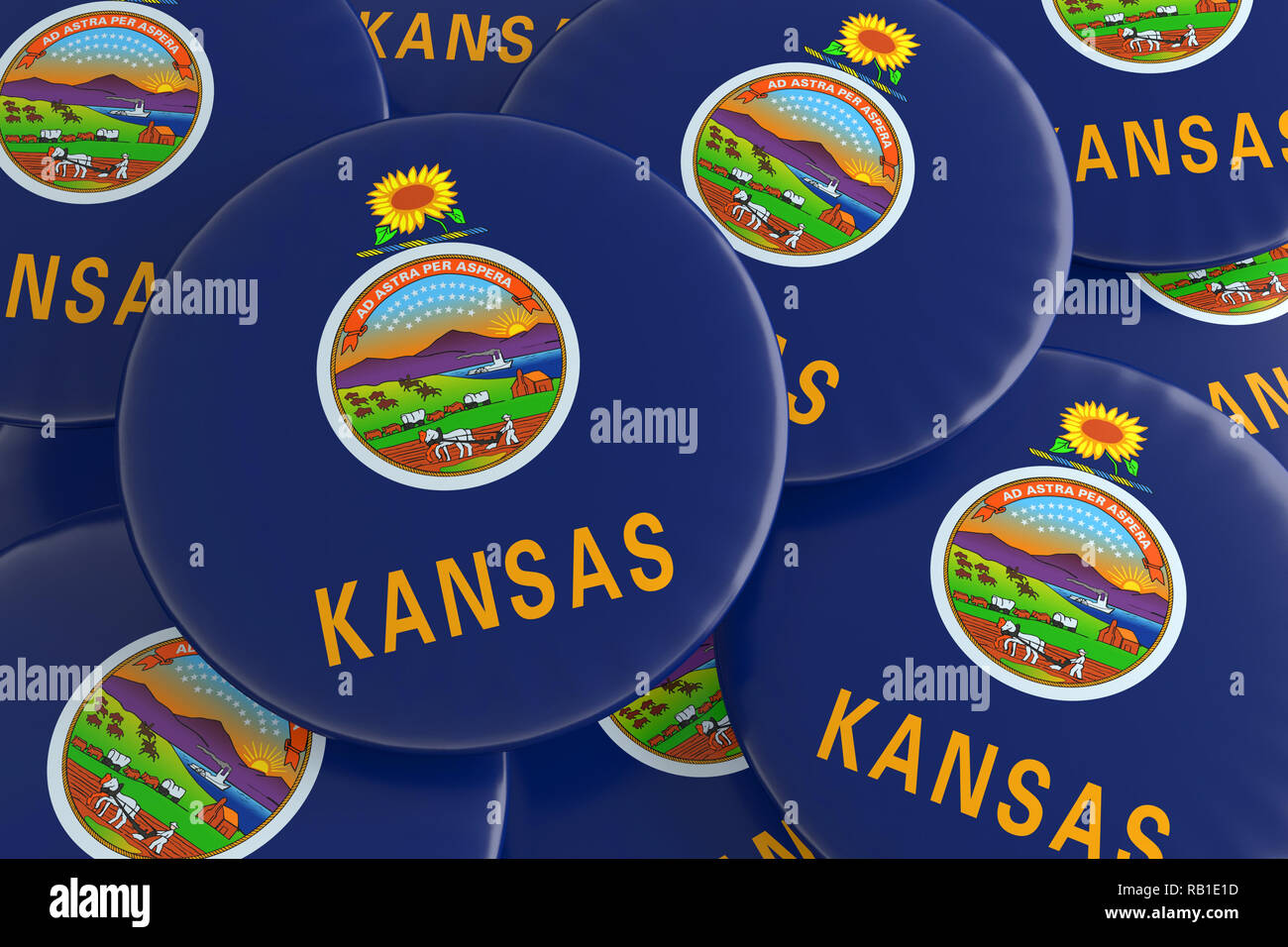 Pila di Kansas USA Flag di stato scudetti, 3d lo sfondo dell'illustrazione Foto Stock