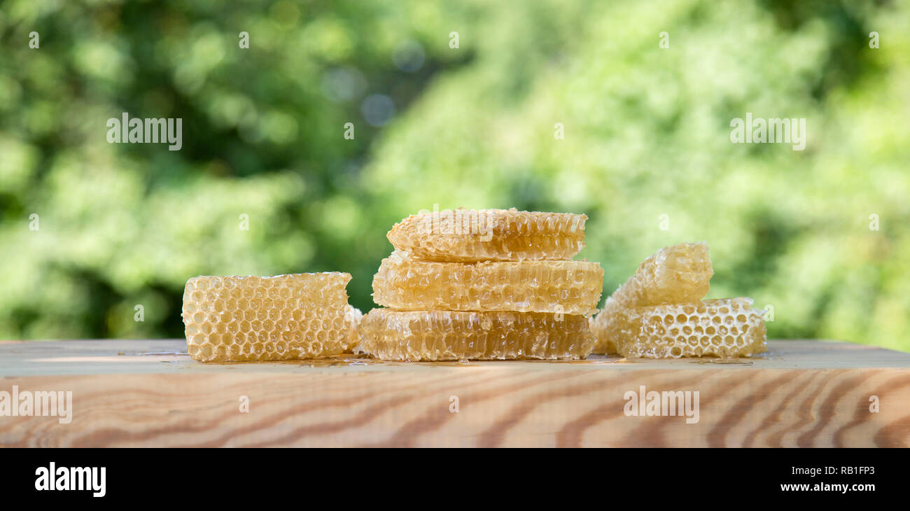 Fresca luce Ape Miele in pezzi di favi su una tavola di legno tavolo rustico con sfocatura dello sfondo. Foto Stock