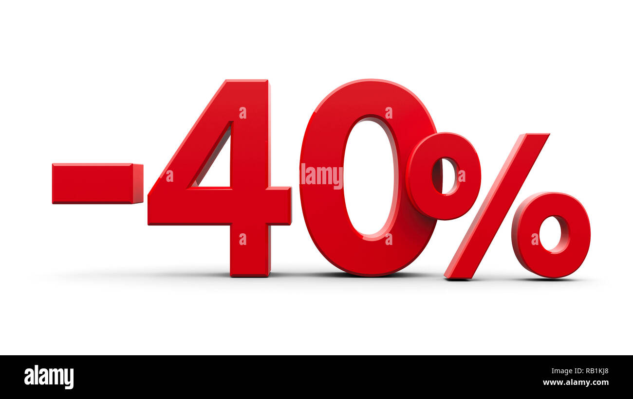 Meno rosso il quaranta percento segno isolato su sfondo bianco, tridimensionale, rendering 3D illustrazione Foto Stock