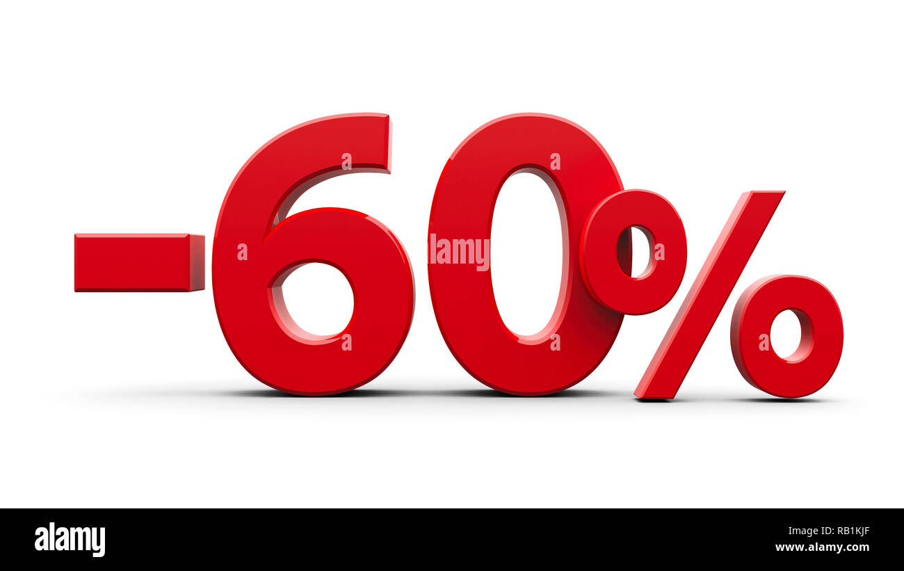 Meno rosso il sessanta percento segno isolato su sfondo bianco, tridimensionale, rendering 3D illustrazione Foto Stock