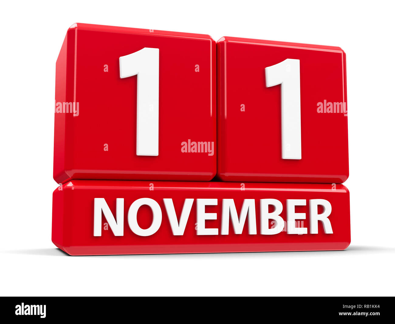 Cubi rossi - Il primo di Novembre - su un tavolo bianco - Giornata dei veterani, mondo giornata di acquisti e la Giornata Internazionale del Risparmio Energetico, tridimensionale stracciatevi Foto Stock