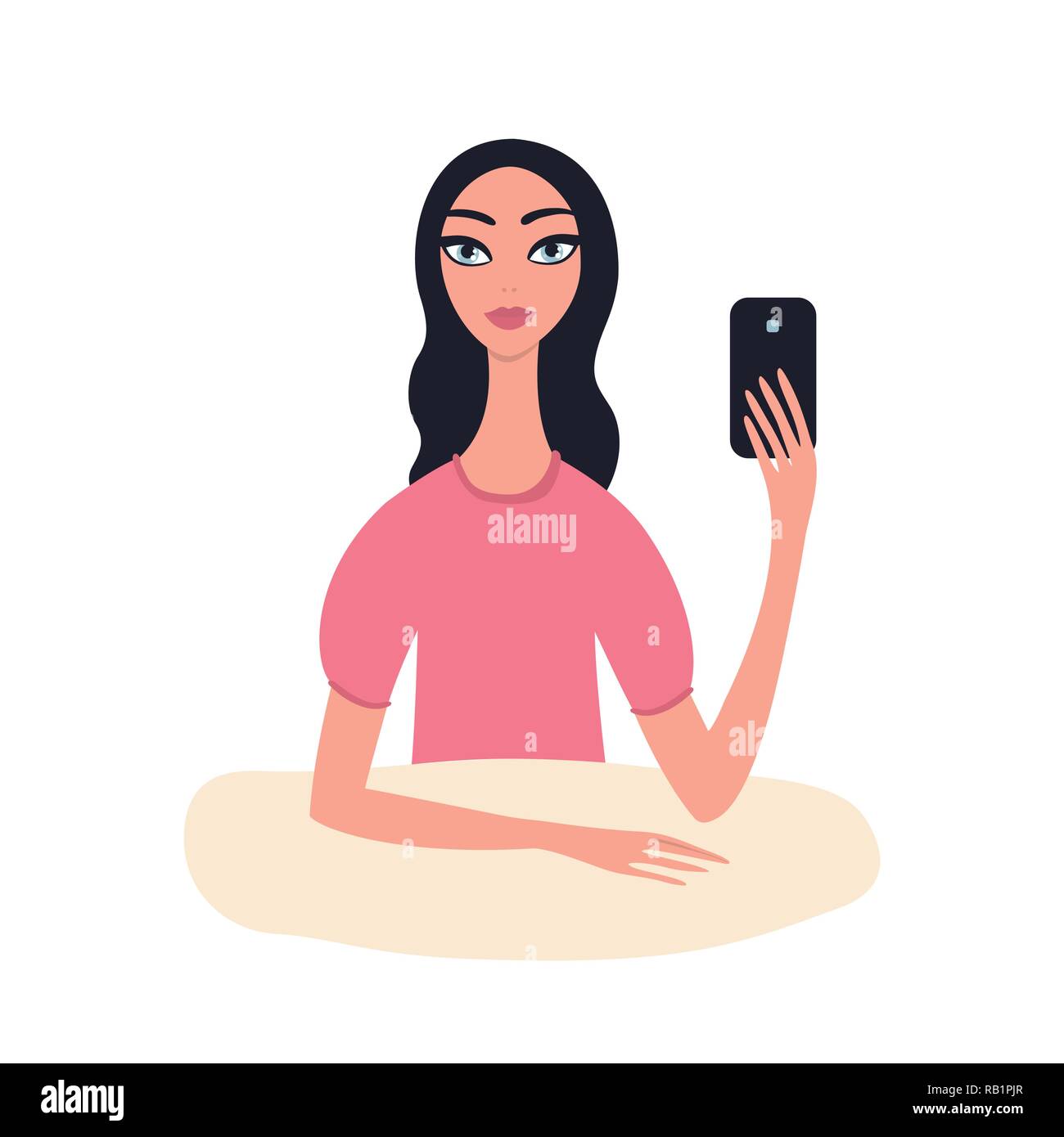Bella ragazza giovane con il nero dei capelli ondulati con il telefono in mano sta immagine rendere selfie Illustrazione Vettoriale