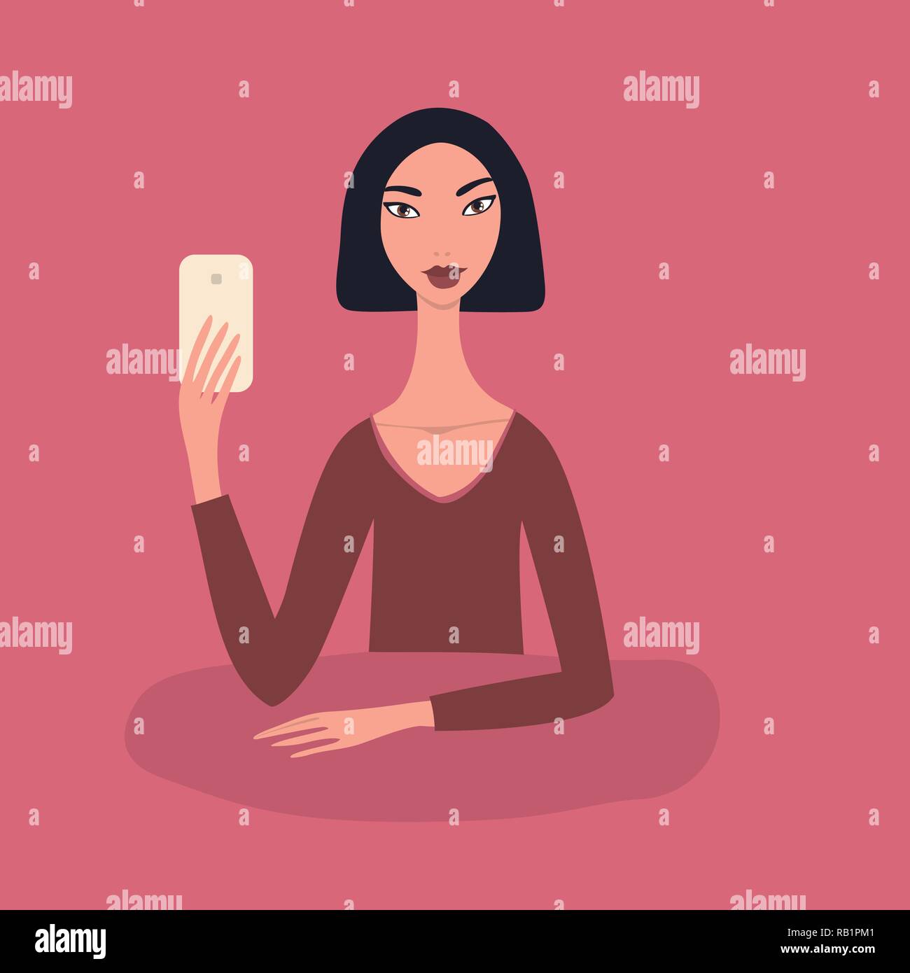 Bella donna asiatica con breve nero capelli dritti indossando parte superiore rossa seduta a tavola tenendo il telefono cellulare in mano sta immagine rendere selfie Illustrazione Vettoriale