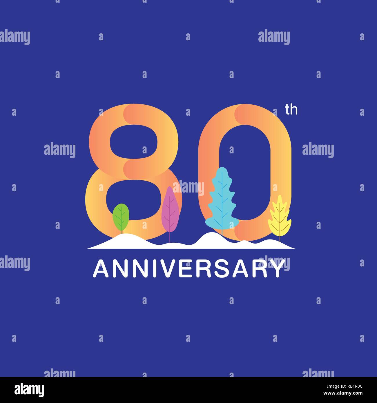 80 anni di anniversario celebrazione logotipo. Numero multicolore con moderni e una foglia di sfondo di neve. Design per opuscoli, depliant, rivista, brochure, po Illustrazione Vettoriale