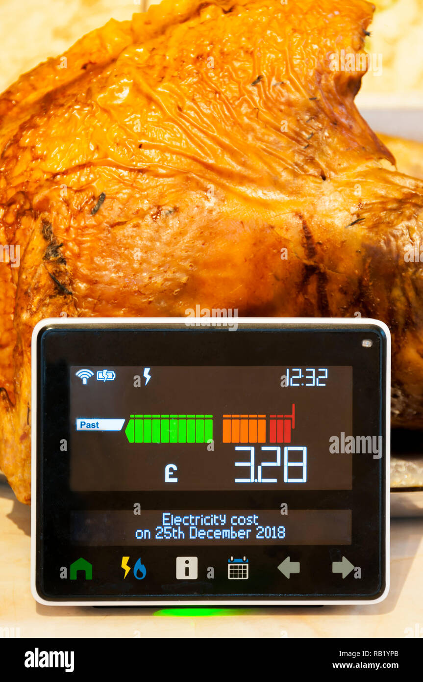 Una Smart Meter mostra i costi dell'elettricità sul giorno di Natale con scolpita la Turchia in background. Foto Stock