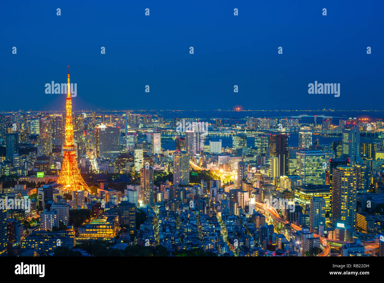 La torre di Tokyo di notte, ampio angolo di visualizzazione, Giappone. Foto Stock
