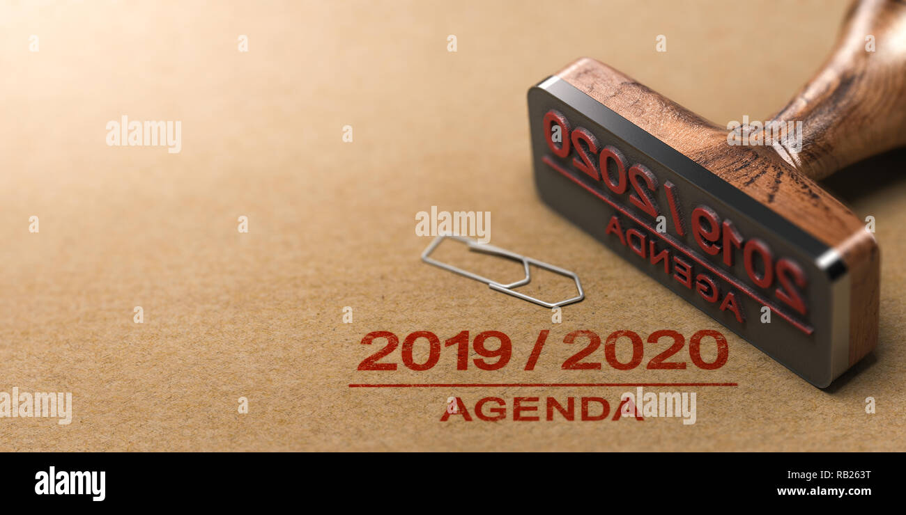 Timbro di gomma e 2019 2020 agenda stampata su carta kraft sfondo. 3d'illustrazione. Foto Stock