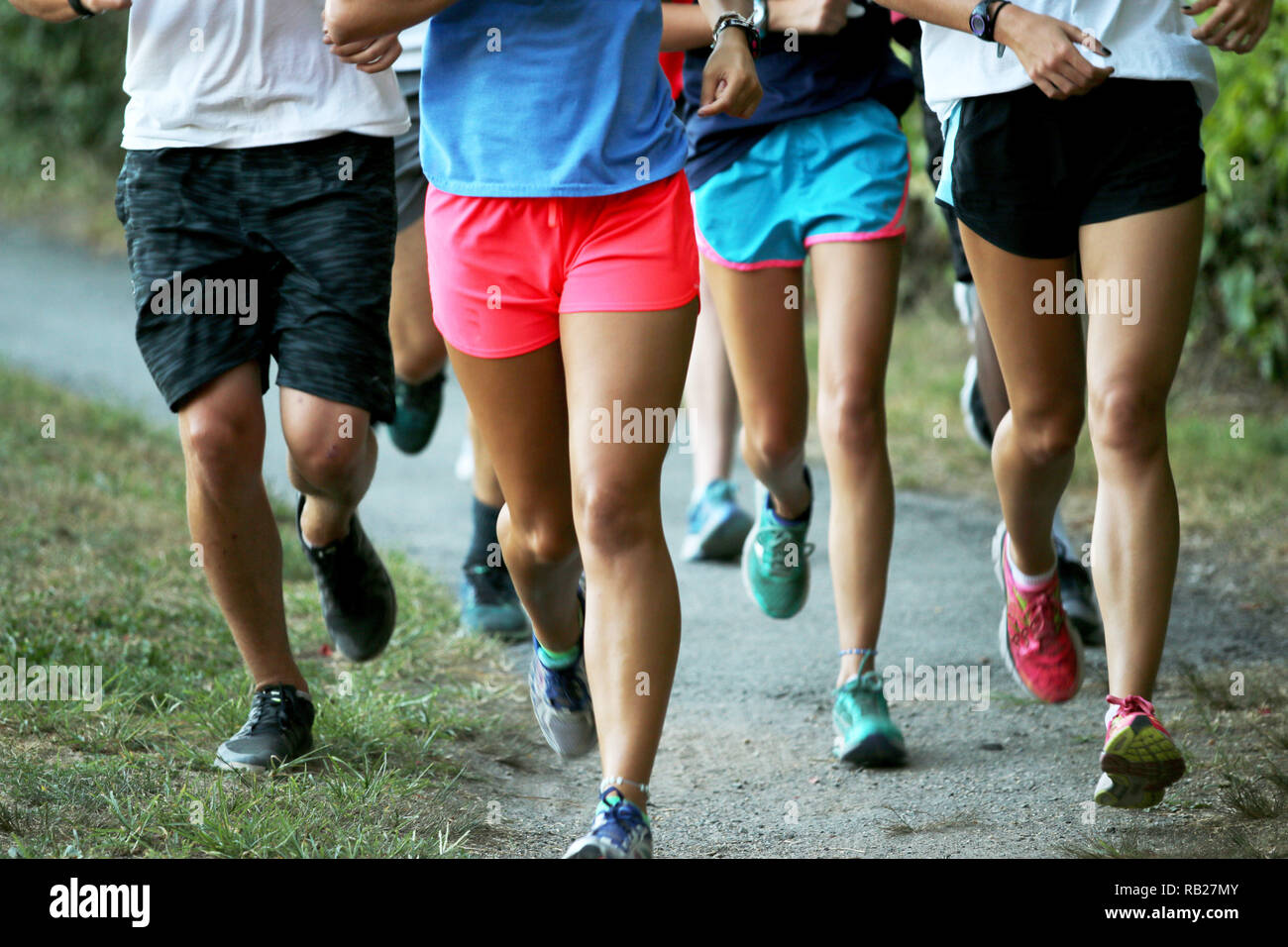 Un cross country team corre un allenamento in gruppo in un parco all'esterno. Foto Stock