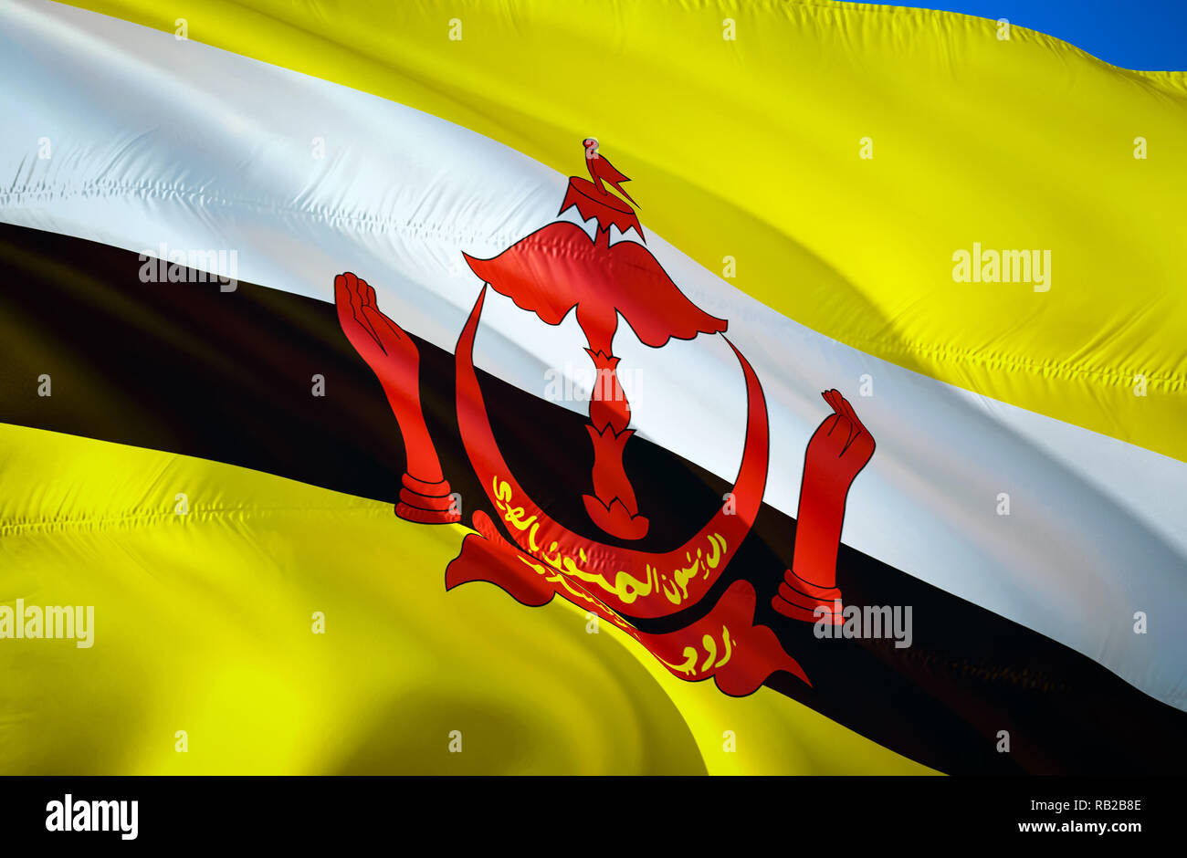 Bandiera del Brunei. 3D sventola bandiera design. Il simbolo nazionale del Brunei, rendering 3D. Bruneian colori nazionali. Bandiera nazionale del Brunei per un background. B Foto Stock
