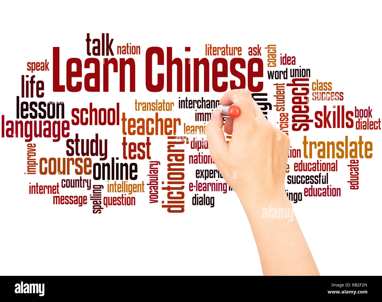 Impara il cinese parola cloud la scrittura a mano concetto su sfondo bianco. Foto Stock