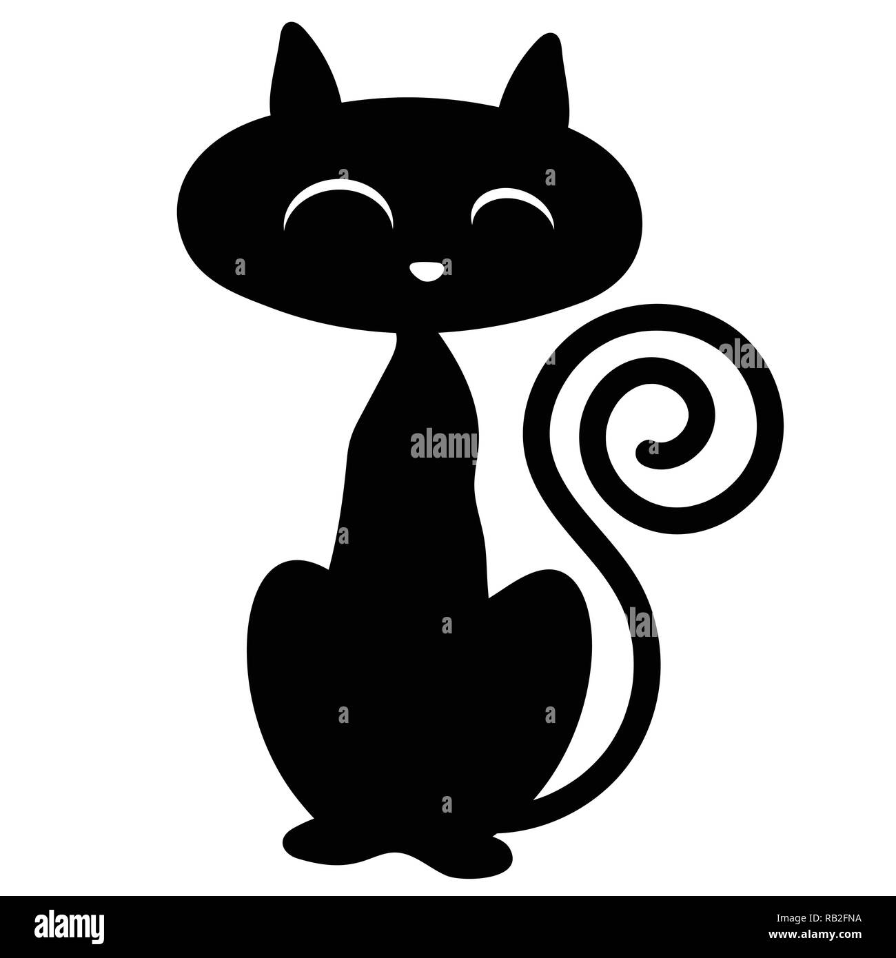 Gatto nero isolato su sfondo bianco in stile cartone animato per Halloween concetto, illustrazione vettoriale Illustrazione Vettoriale