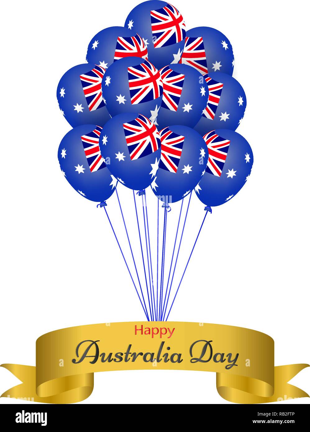 Australia felice giorno, palloni di elio con nastro dorato, bandiera dell'Australia. Festive illustrazione vettoriale su sfondo bianco. Illustrazione Vettoriale
