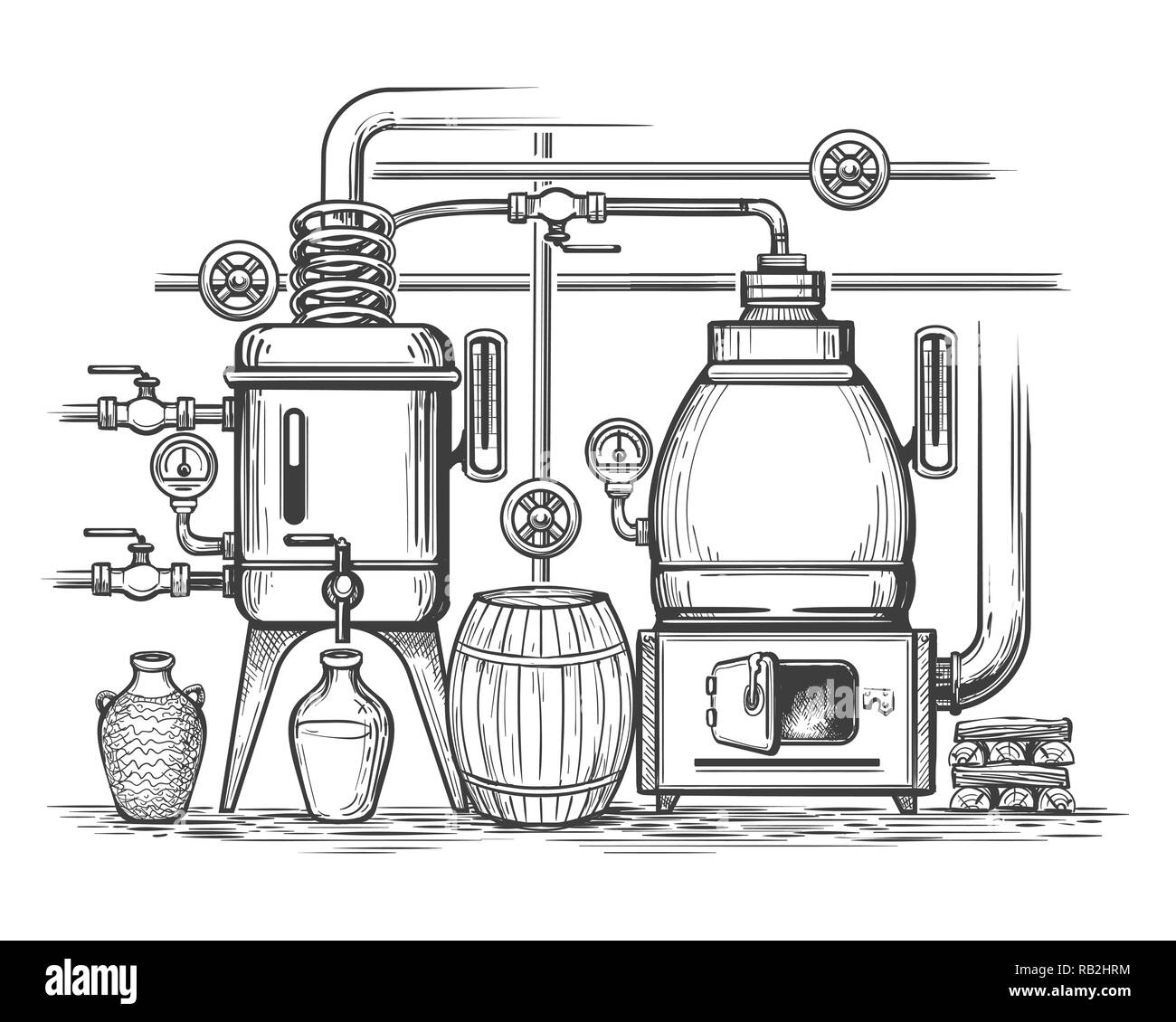 Schizzo di distilleria. Retrò quiete il gin o il whisky Alcool distillazione rendono le apparecchiature, whisky moonshine incisione alambicco, vettore illustraion Illustrazione Vettoriale