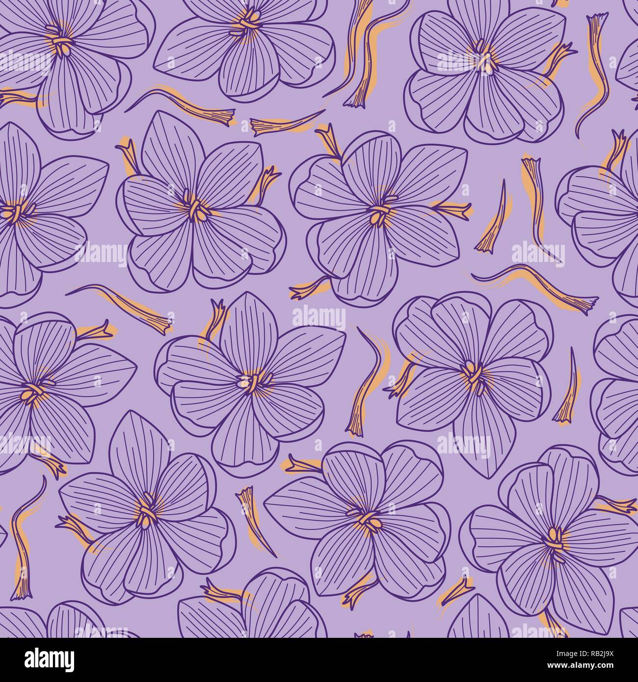 Arancione di fili di zafferano e Viola Crocus fiori Disegno della linea Seamless Pattern su sfondo viola Illustrazione Vettoriale