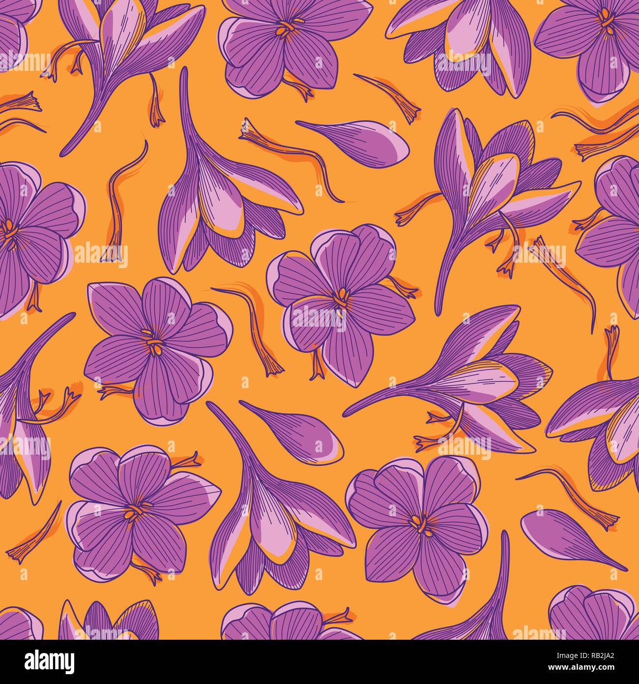 Viola Crocus fiori rosso e fili di zafferano Disegno della linea Seamless Pattern su sfondo arancione Illustrazione Vettoriale