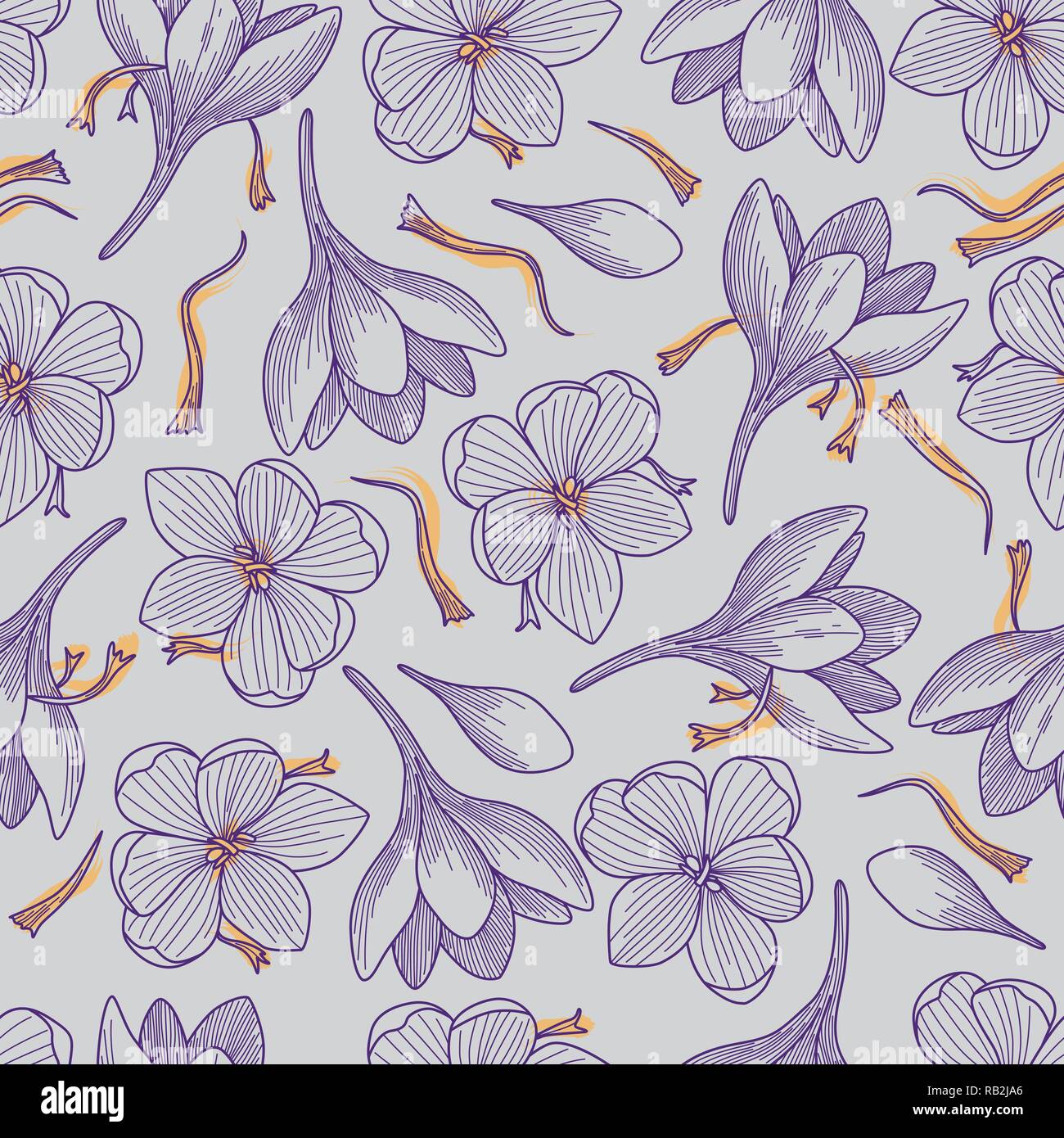 Dettagliata Crocus viola fiori e zafferano Disegno della linea Seamless Pattern su sfondo grigio Illustrazione Vettoriale
