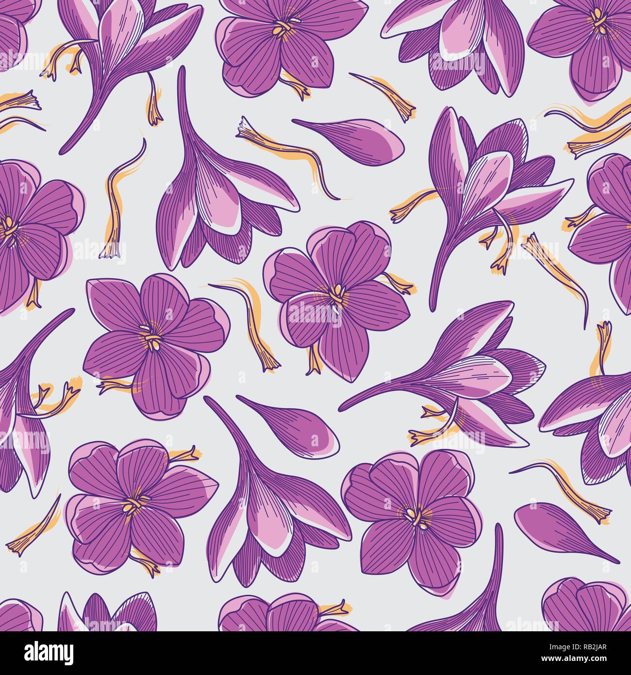 Crocus viola i fiori di arancio e di fili di zafferano Disegno della linea Seamless Pattern su sfondo grigio Illustrazione Vettoriale