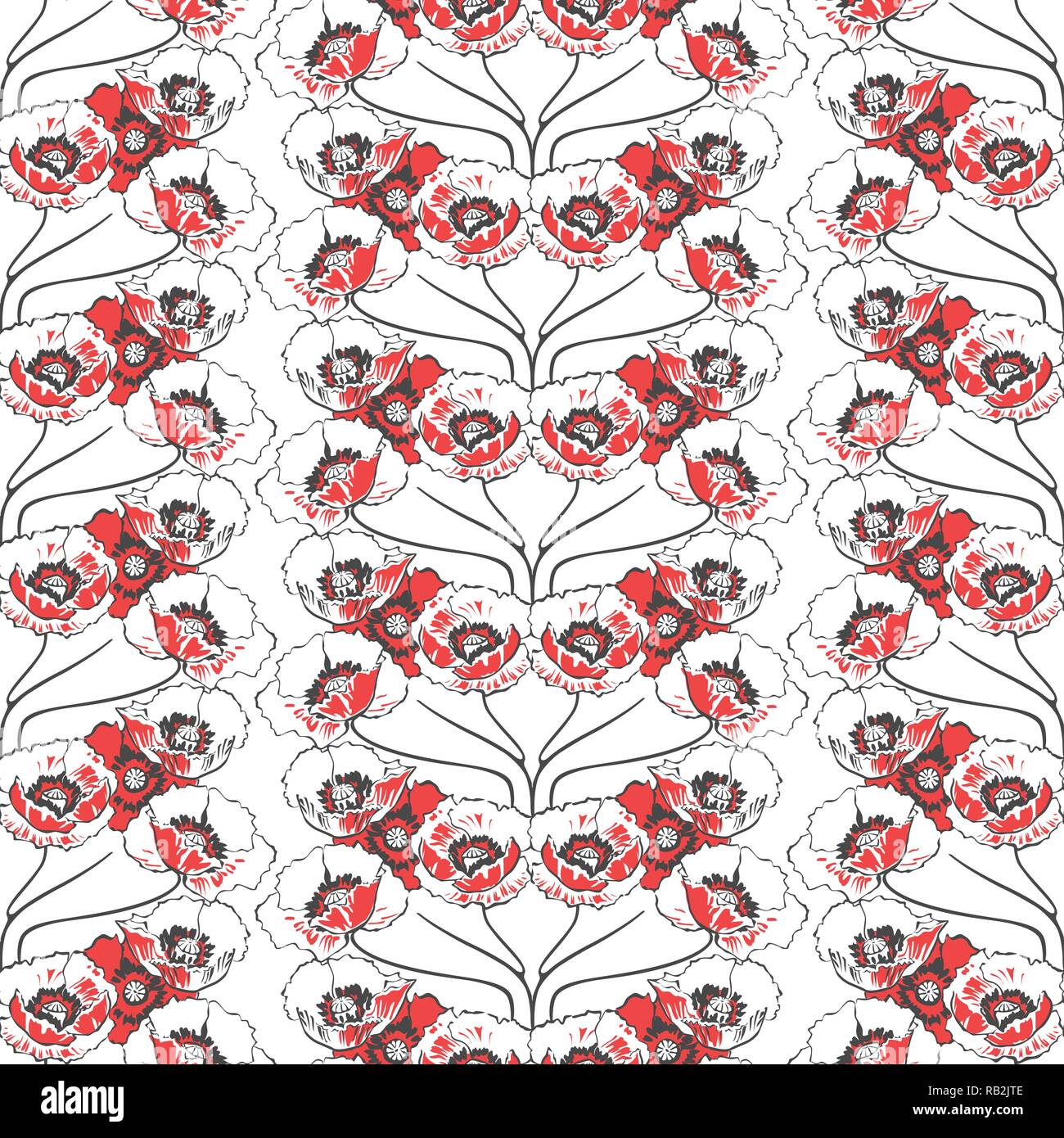 Decorativo papaveri rossi fiori in linee verticali Seamless Pattern su sfondo bianco Illustrazione Vettoriale
