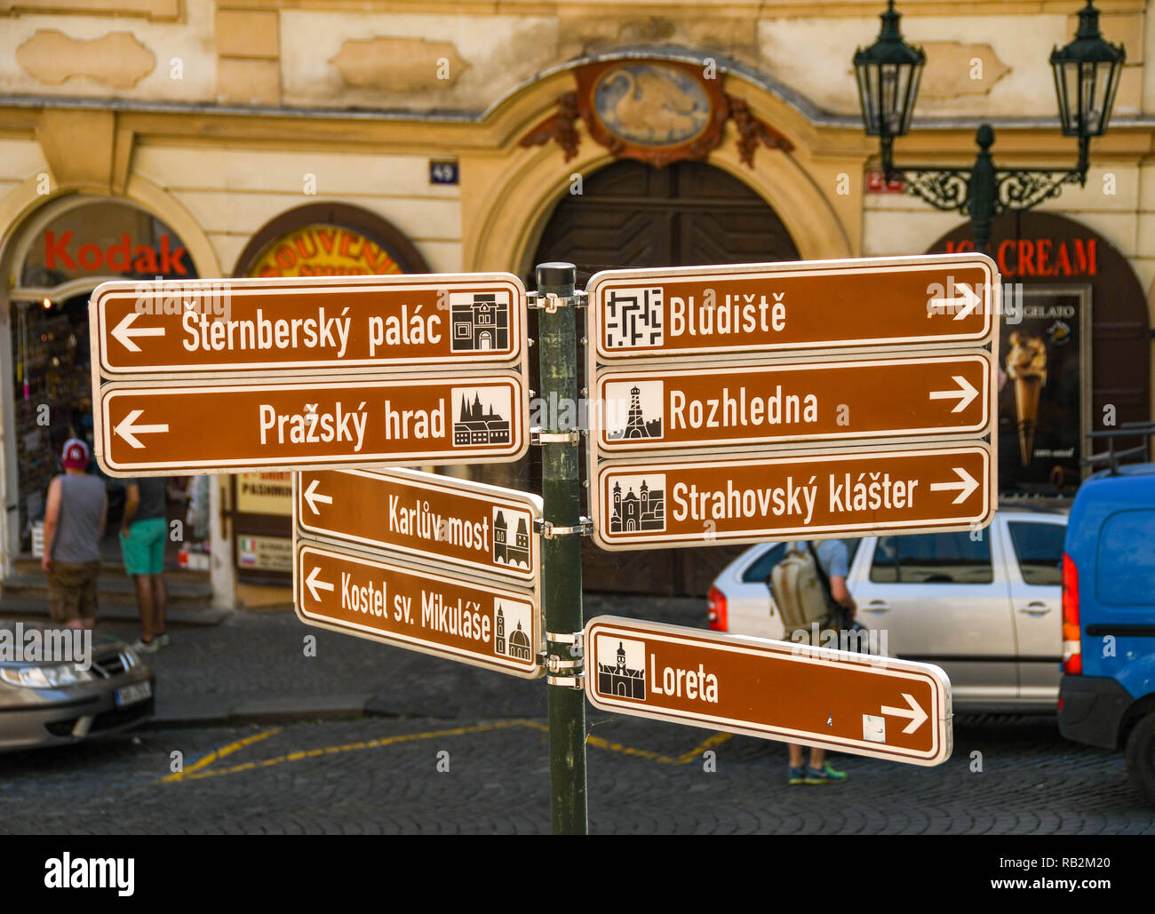 Praga, Repubblica ceca - Luglio 2018: informazioni turistiche segno nel centro di Praga che mostra le direzioni per i simboli della citta'. Foto Stock