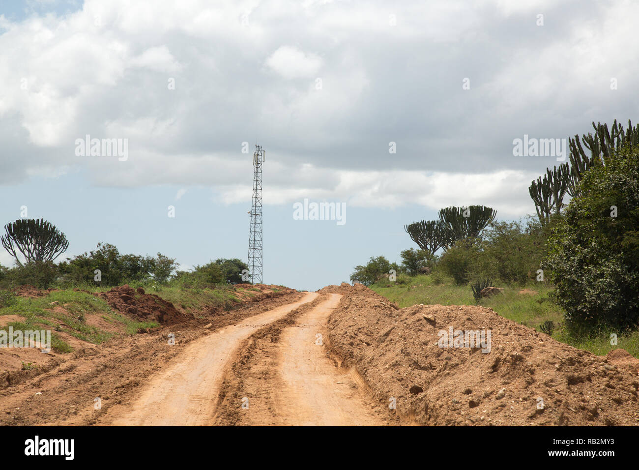 Una strada sterrata nella regione del Karamoja dell Uganda. Foto Stock