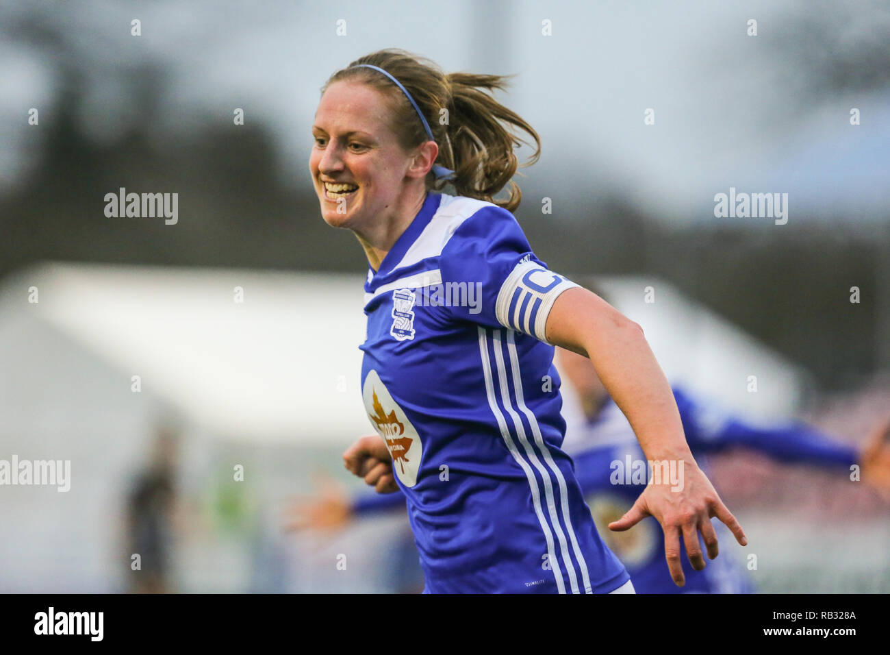 Solihull, Regno Unito. 6 gennaio, 2019. Birmingham City's Kerys Harrop celebra la Messa il suo team 1-0 avanti contro la lettura delle donne. BCFC donne ha vinto 2-1. Peter Lopeman/Alamy Live News Foto Stock