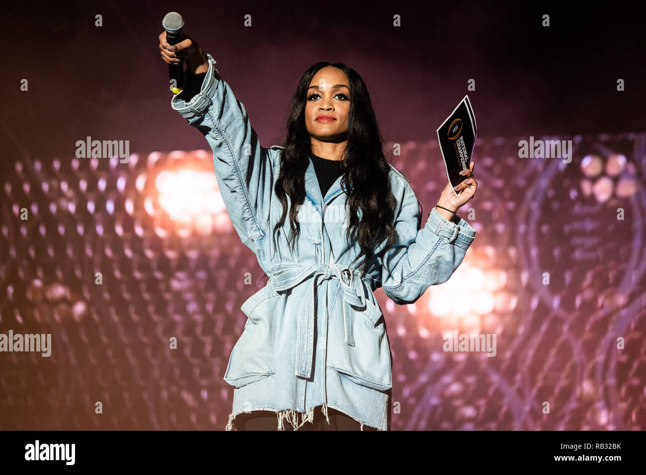 San Jose, Stati Uniti d'America. Il 5 gennaio 2019. Rachel Lindsay sul palco durante il 2019 AT&T Playoff Playlist Live alla scoperta del Parco Prato su gennaio 05, 2019 in San Jose, California. Foto: Chris Tuite/imageSPACE/MediaPunch Credito: MediaPunch Inc/Alamy Live News Foto Stock