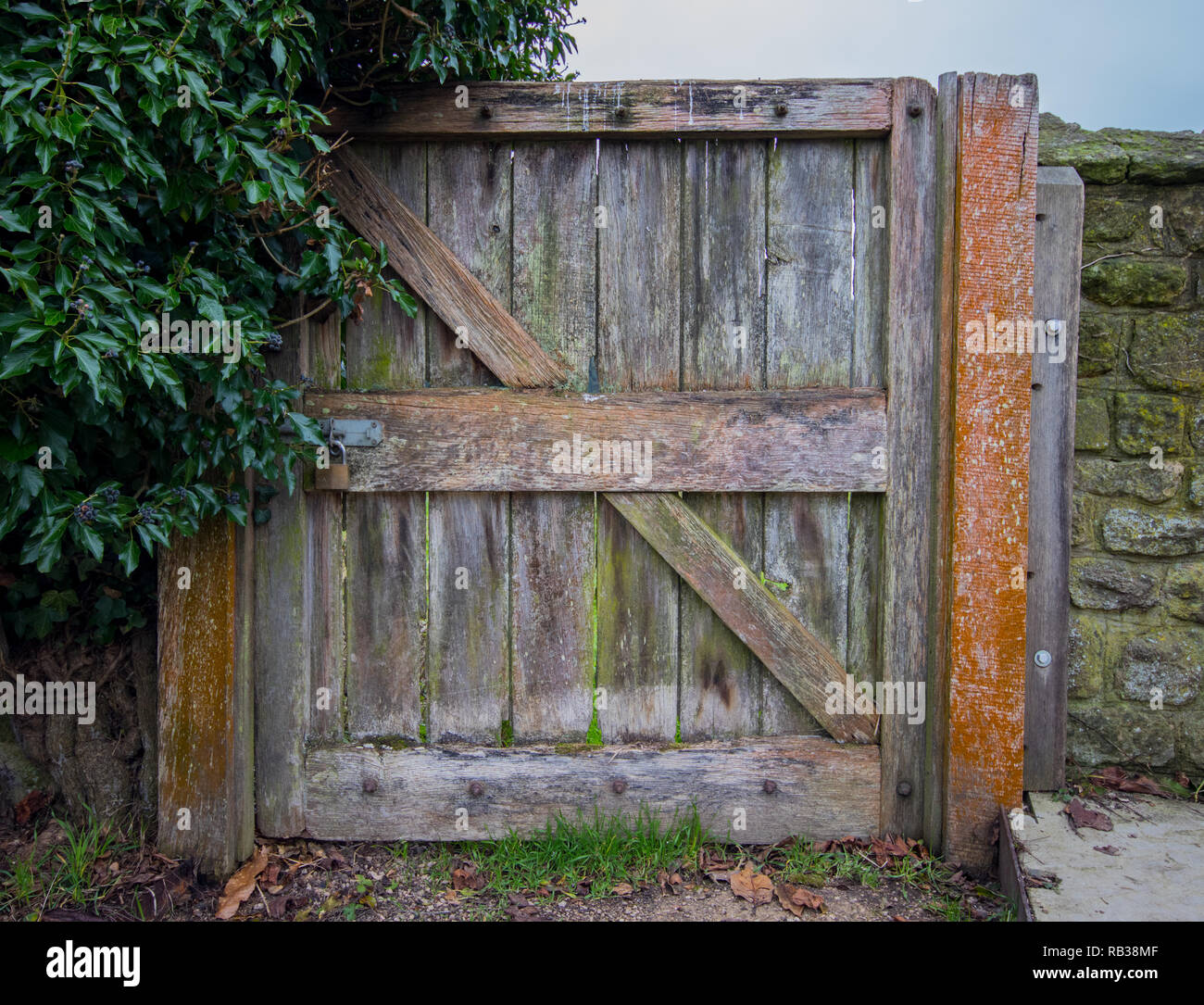 Cancello in legno nel giardino murato dietro i cottage vicino alle rovine di Cowdray House, Midhurst, West Sussex, Regno Unito Foto Stock