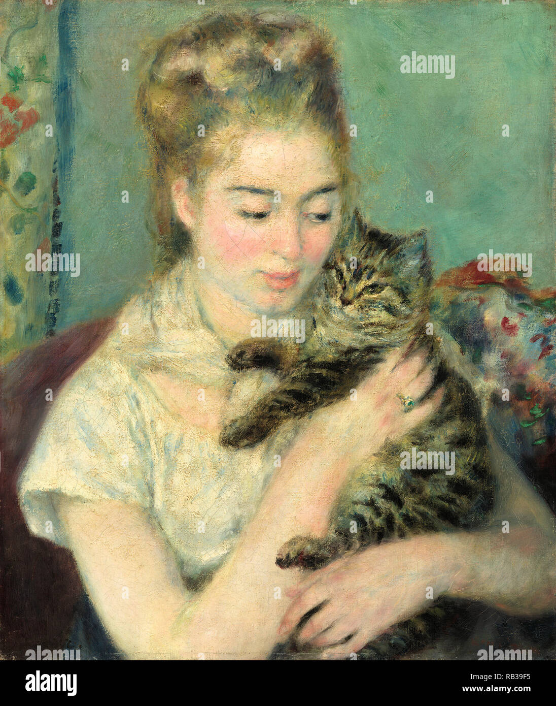 Una donna con il CAT. Data: c. 1875. Dimensioni: complessivo: 56 x 46,4 cm (22 1/16 x 18 1/4 in.) incorniciato: 85,1 x 75,9 x 7,6 cm (33 1/2 x 29 7/8 x 3 in.). Medium: olio su tela. Museo: National Gallery of Art di Washington DC. Autore: Auguste Renoir. Renoir, Pierre-Auguste. Foto Stock