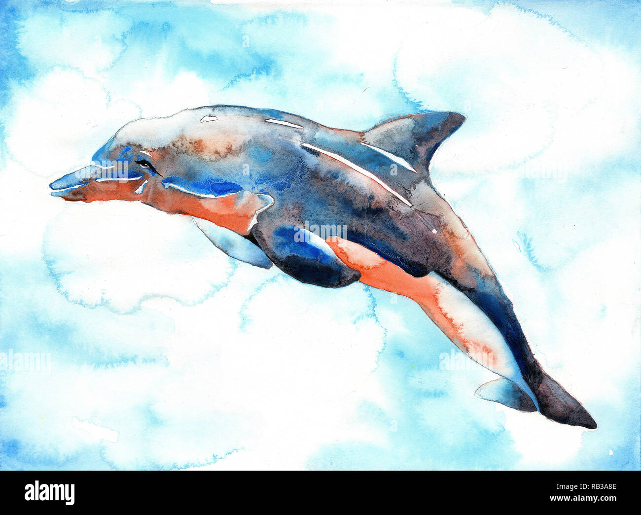 Nuoto con i delfini in ocean- arte pittura ad acquarello di nuoto con i delfini in oceano, Dolphin arte Foto Stock
