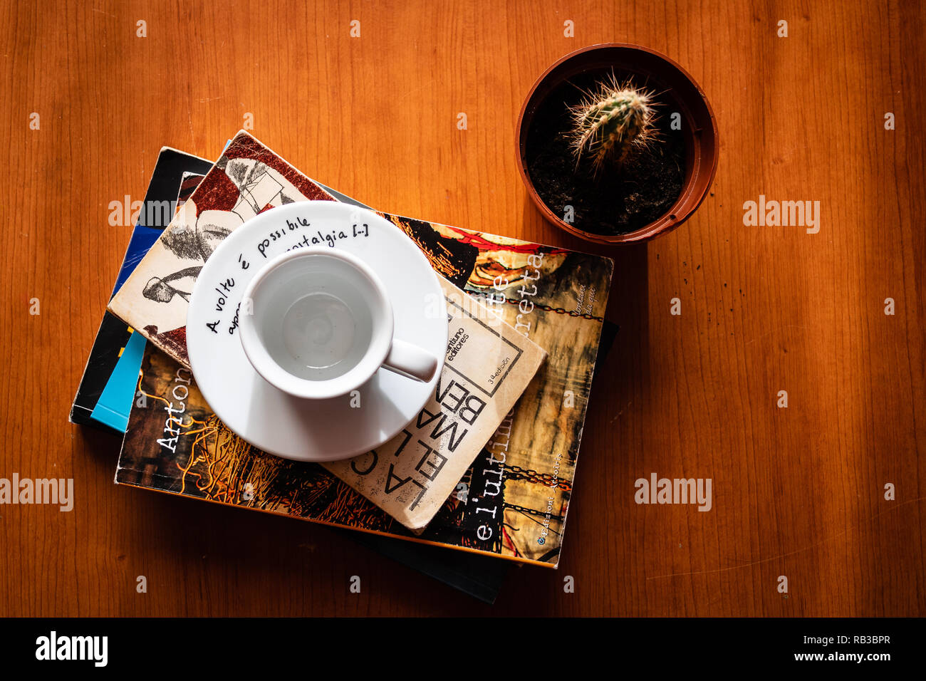 Tazza da caffè con cactus e libri Foto Stock