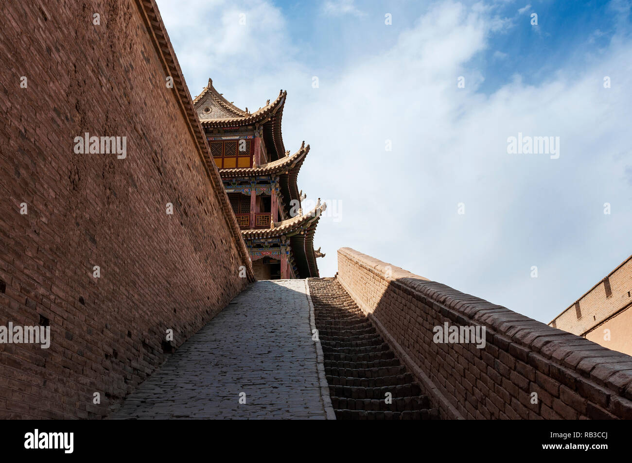Dettaglio di una torre della Jiayuguan Fort nei pressi della città di Jiayuguan nella provincia di Gansu, Cina Foto Stock
