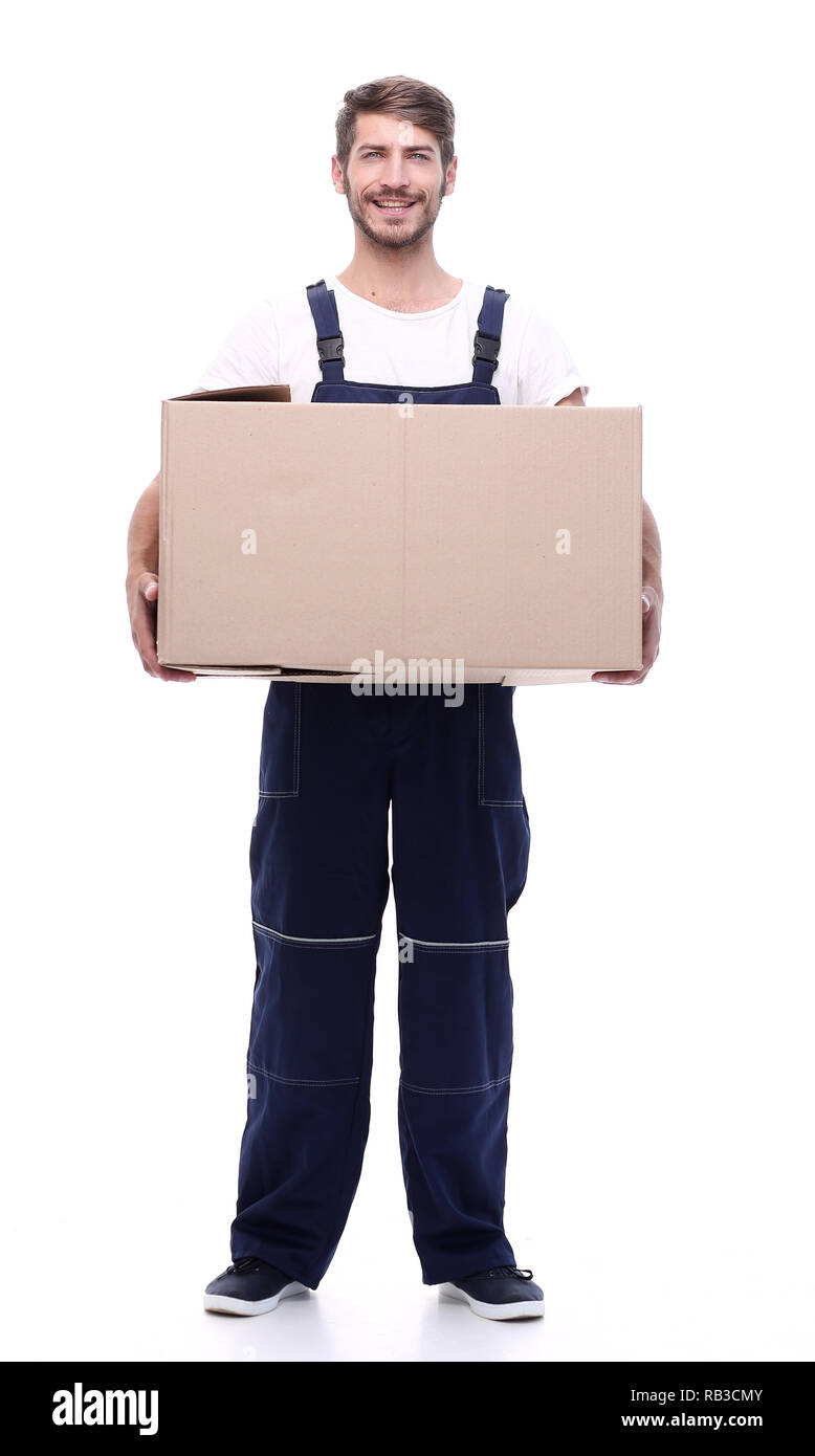 Uomo in una tuta in possesso di una scatola grande Foto Stock