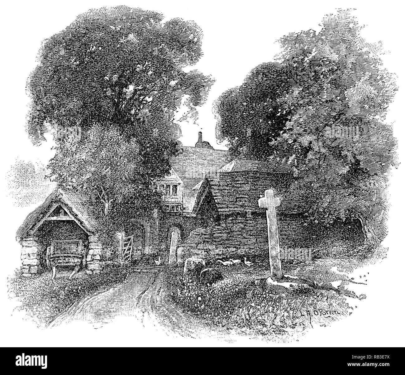 1884 vintage incisione di Hall's Farm, Dartmoor. Foto Stock