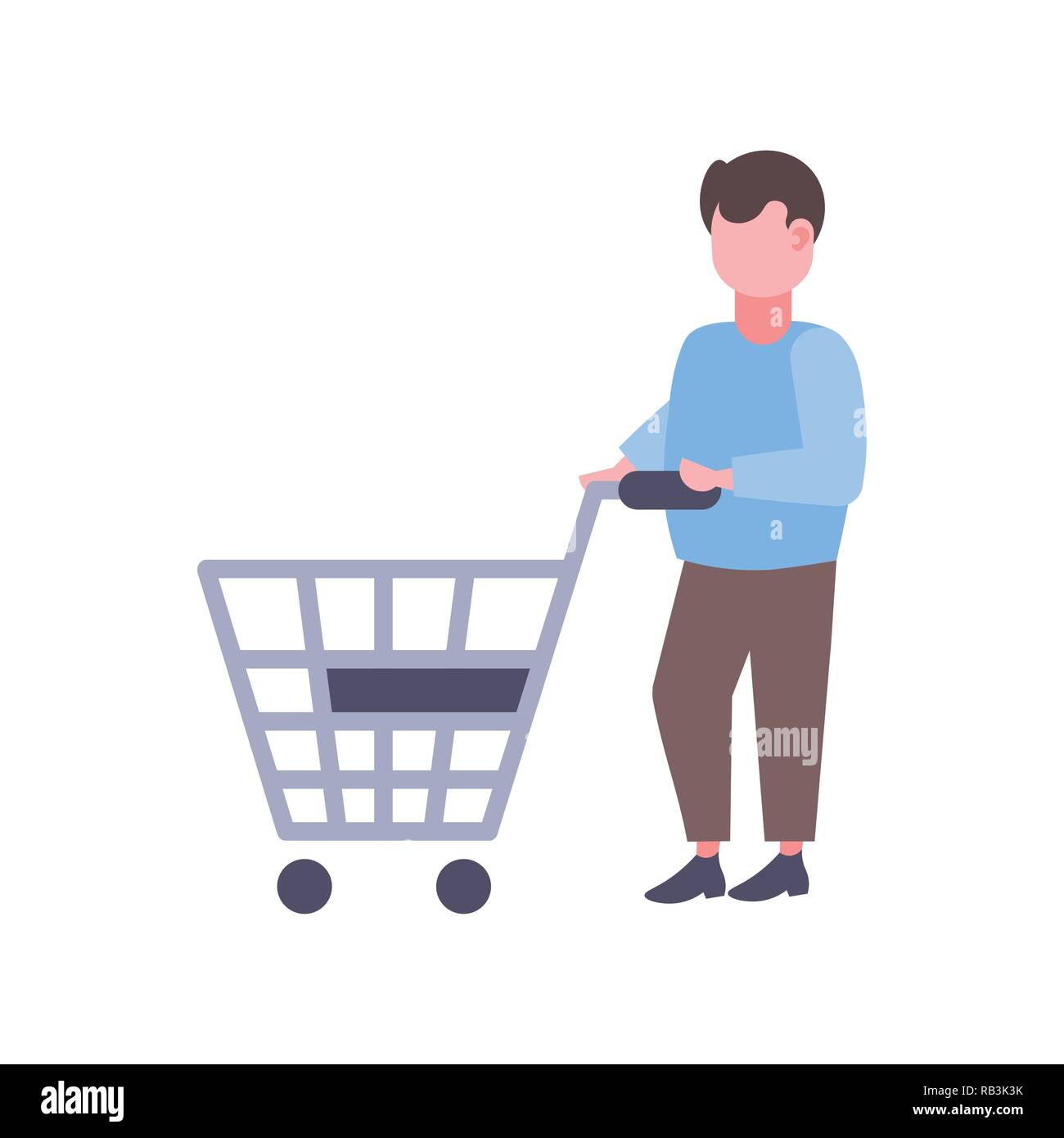 Uomo con carrello carrello acquisti prodotti grande shopping concetto supermercato cliente maschio personaggio dei cartoni animati a lunghezza piena isolati piatta Illustrazione Vettoriale