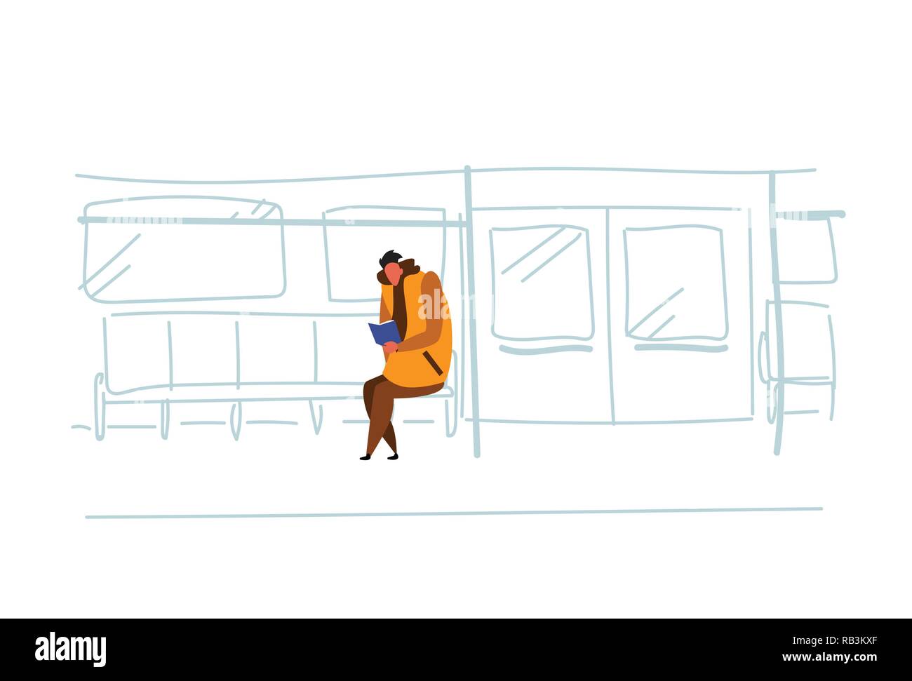 Uomo informale alla metropolitana passeggero seduto treno metro libro vista interna public underground city Transport Concept cartoon maschio abbozzo del carattere doodle orizzontale Illustrazione Vettoriale
