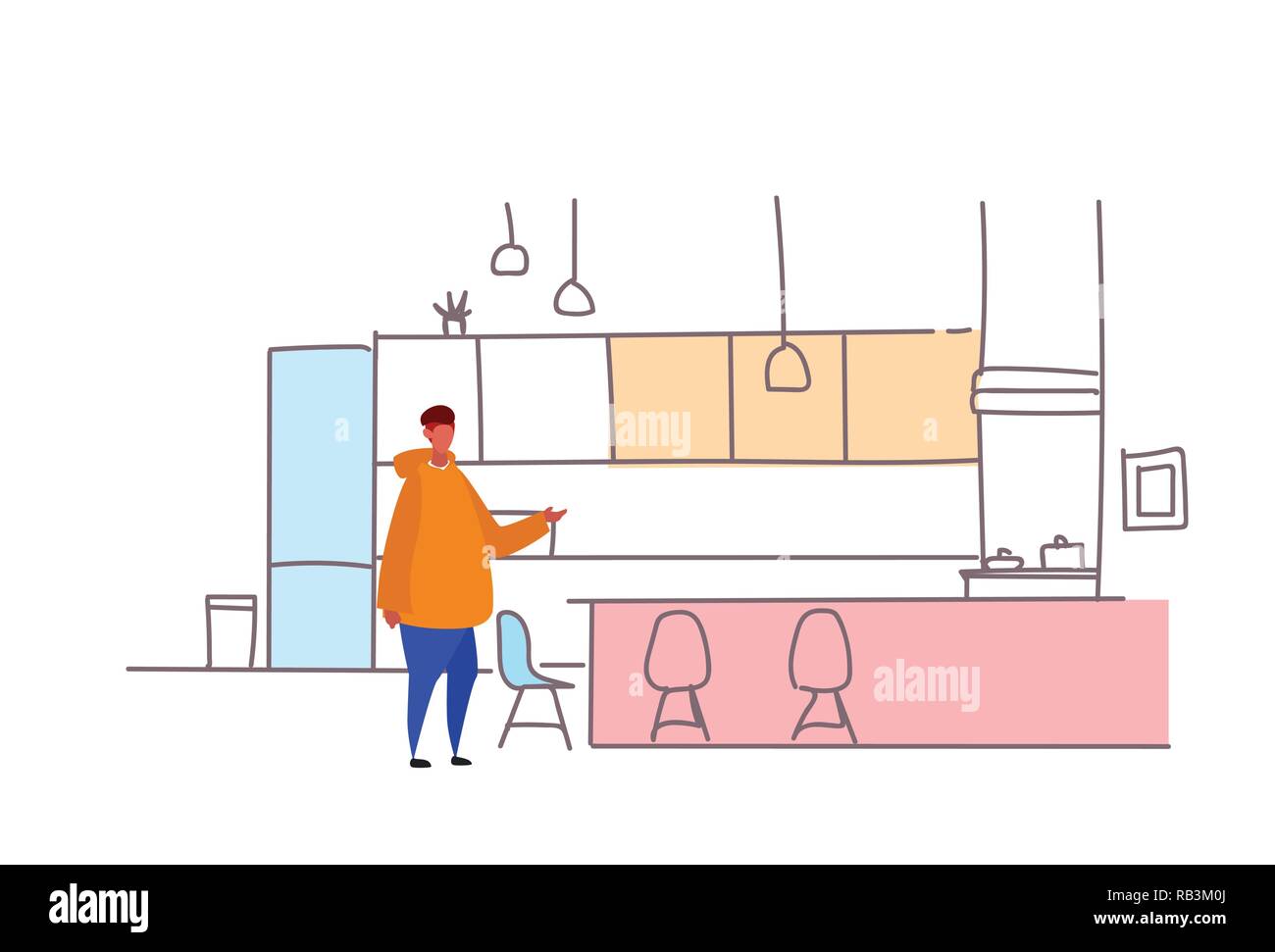 Uomo informale permanente di cucina moderna interni casa arredamento schizzo doodle maschio personaggio dei cartoni animati per tutta la lunghezza orizzontale Illustrazione Vettoriale
