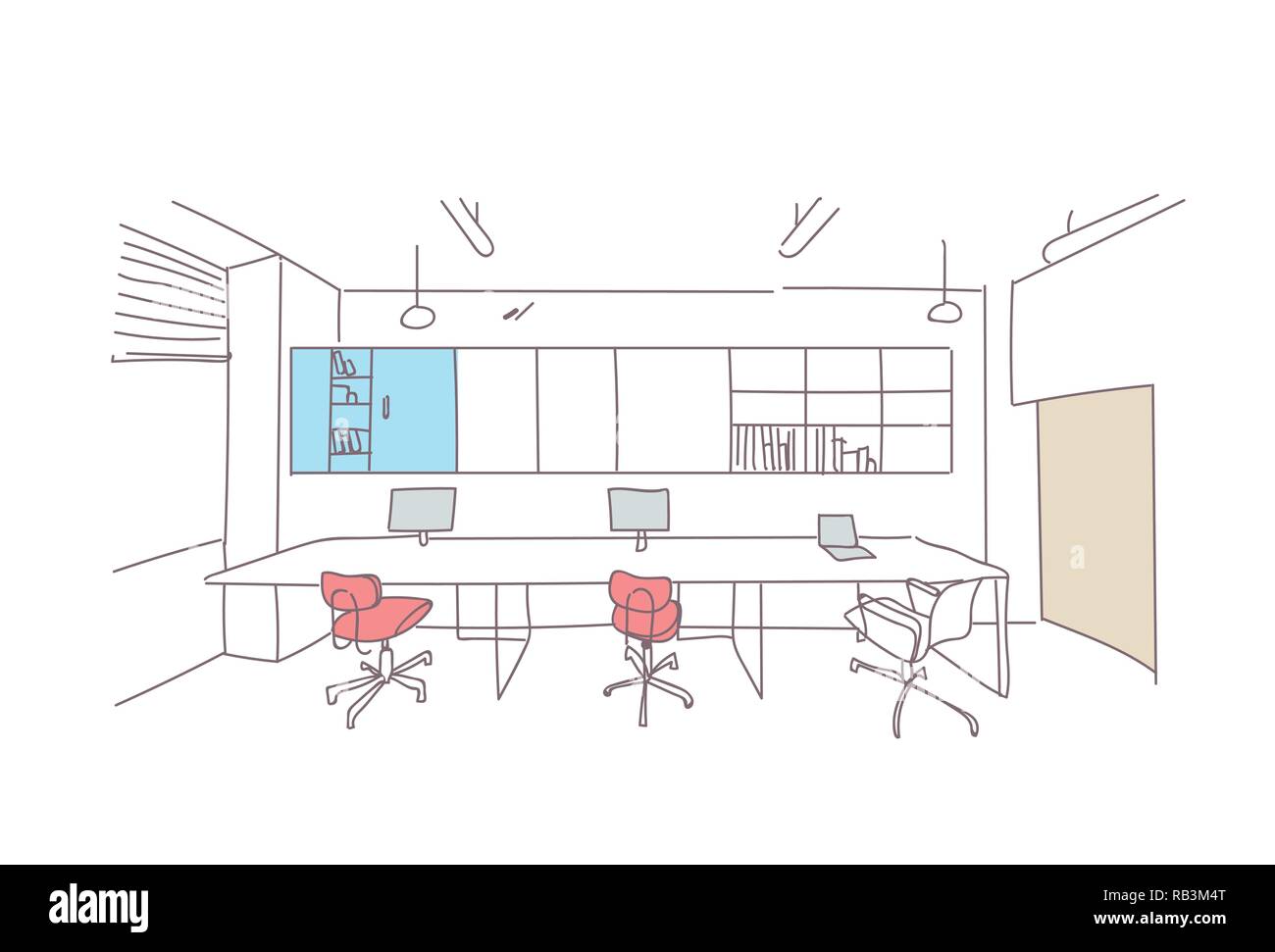 Vuoto lo spazio coworking ufficio moderno interno sul posto di lavoro creativo di co dello spazio di lavoro di lavoro schizzo doodle orizzontale Illustrazione Vettoriale