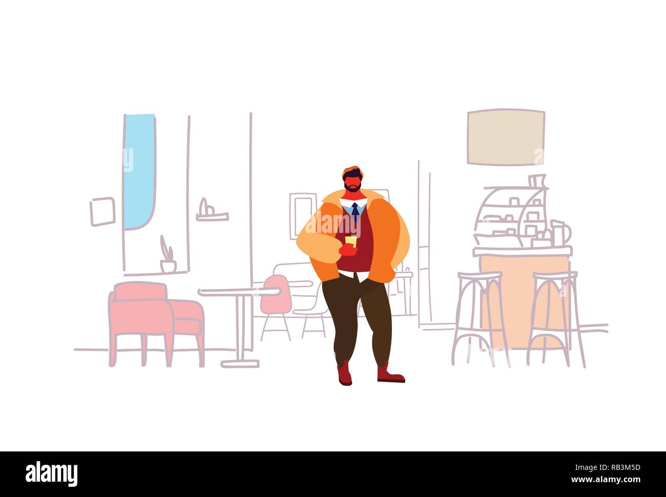 Uomo informale di bere il caffè moderno Cafe' ristorante interno camera schizzo doodle orizzontale Illustrazione Vettoriale