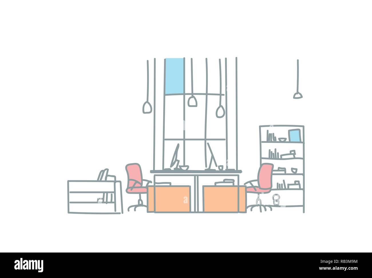 Vuoto lo spazio coworking ufficio moderno interno sul posto di lavoro creativo di co dello spazio di lavoro di lavoro schizzo doodle orizzontale Illustrazione Vettoriale