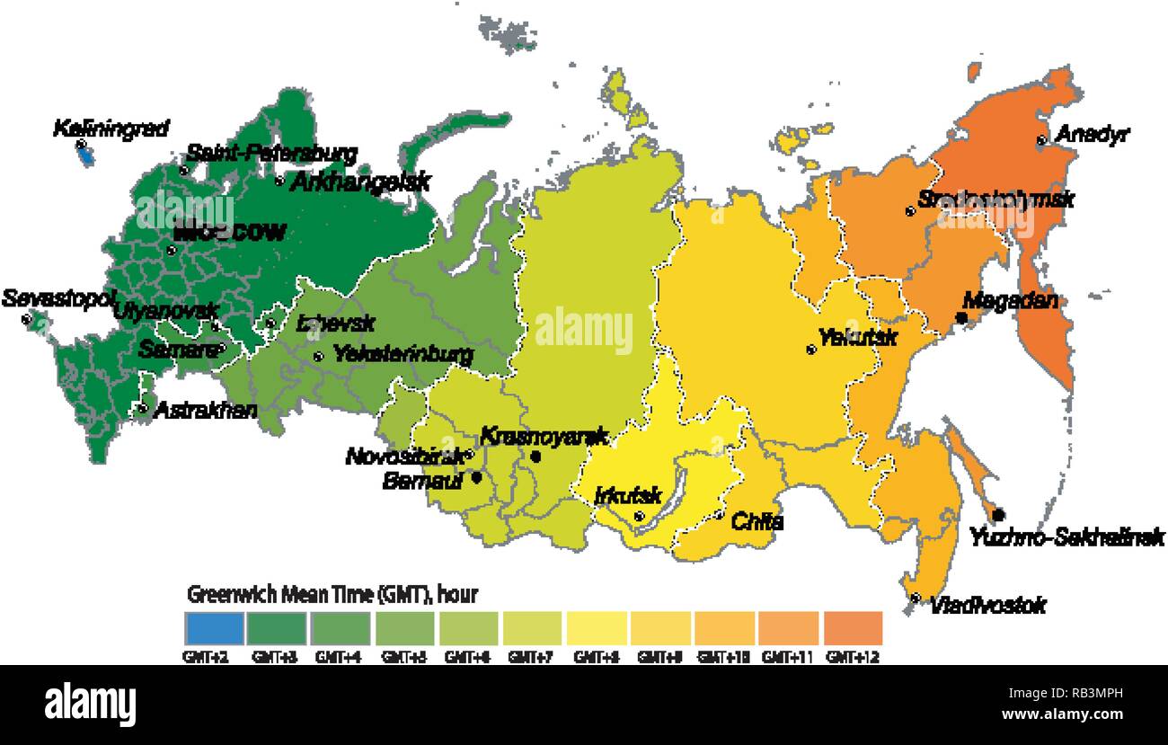 Mappa dei fusi orari da parte della Russia. Standart time GMT UTC Immagine  e Vettoriale - Alamy