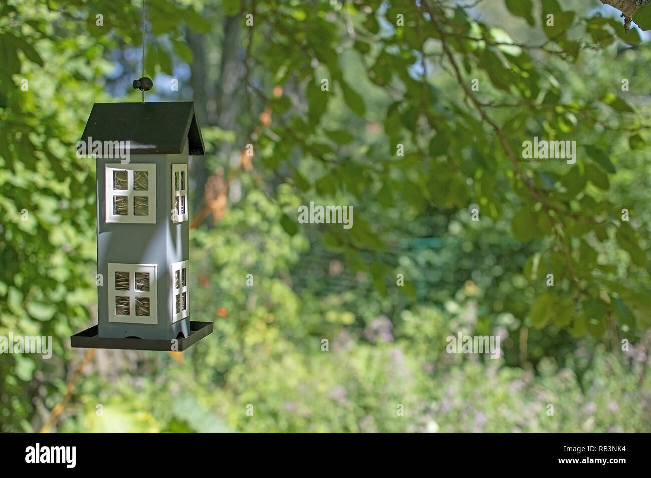 Carino birdhouse appeso nel giardino verde del concetto di acquisto o di vendita di un bene immobiliare nuova casa o iniziare una famiglia Foto Stock