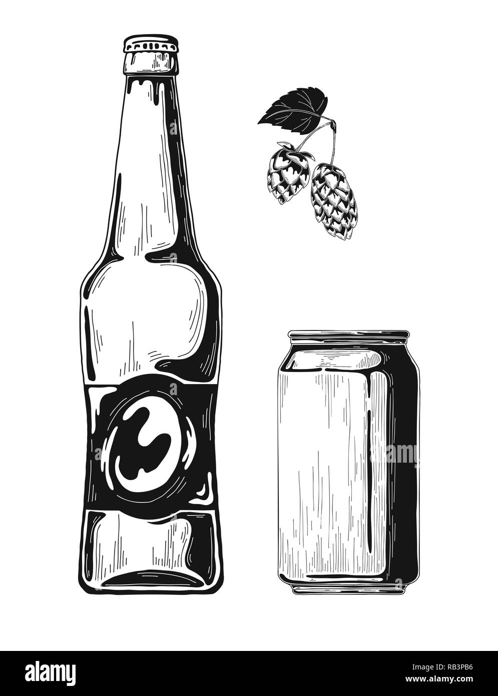 Schizzo di bottiglie di birra e lattine di alluminio. Vettore Illustrazione Vettoriale