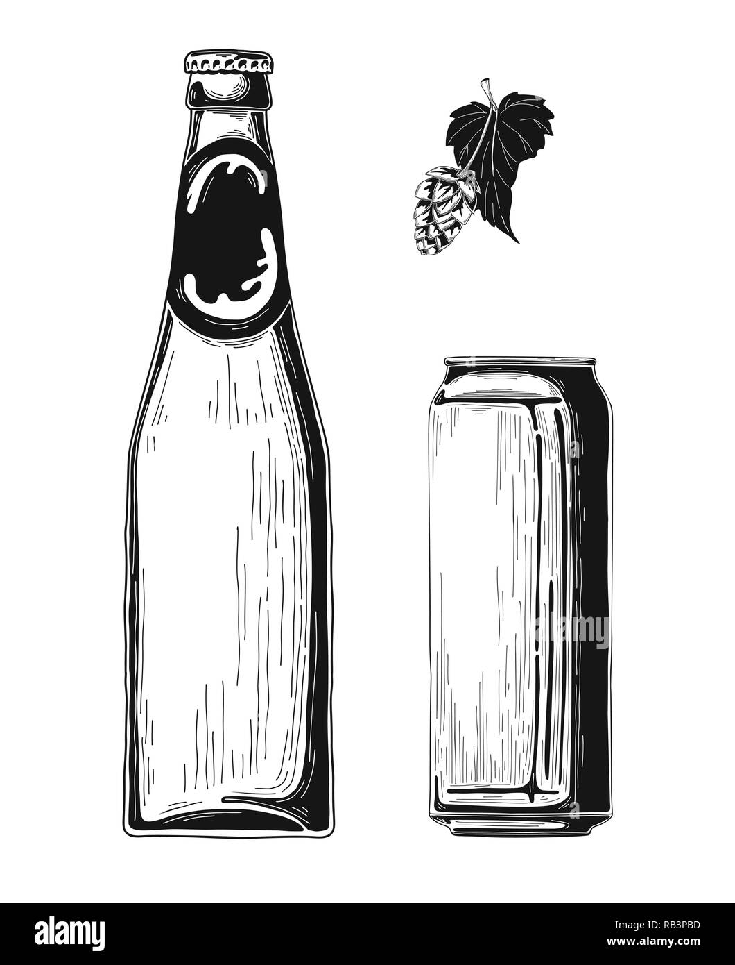 Schizzo di bottiglie di birra e lattine di alluminio. Vettore Illustrazione Vettoriale