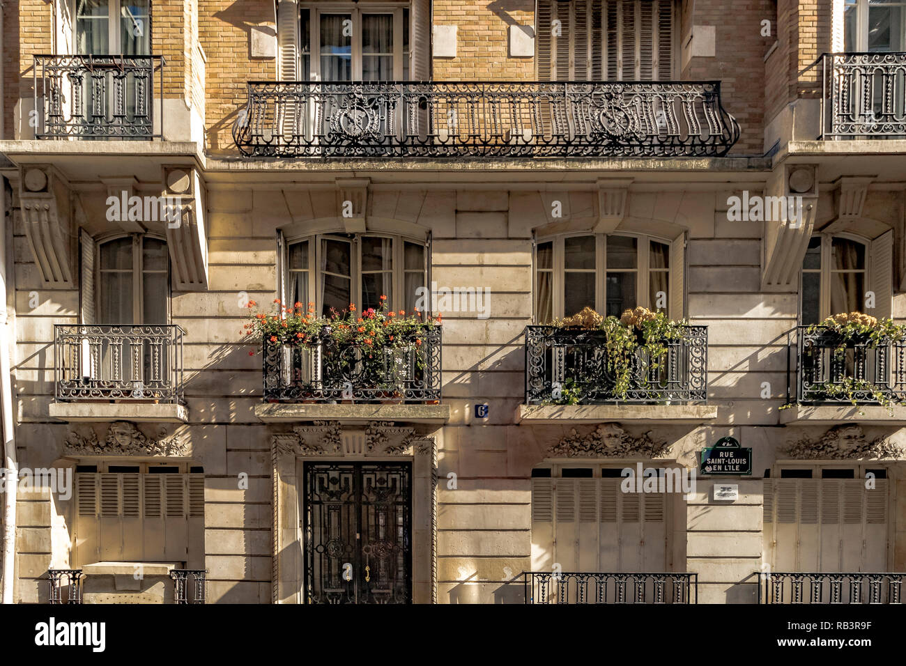 Edificio di appartamenti con balconi in ferro battuto e fioriere su rue Saint-Louis-en-l'Île , paris , France Foto Stock