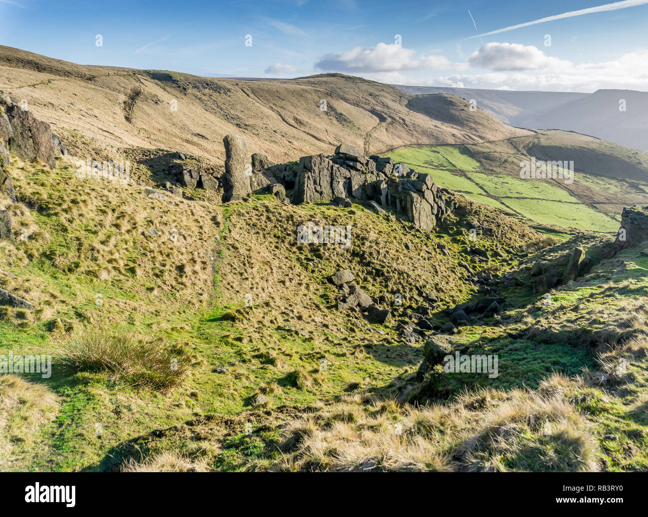 Vista da Aldermans Hill,Saddleworth moor, Greater Manchester, Lancashire, Regno Unito. Foto Stock
