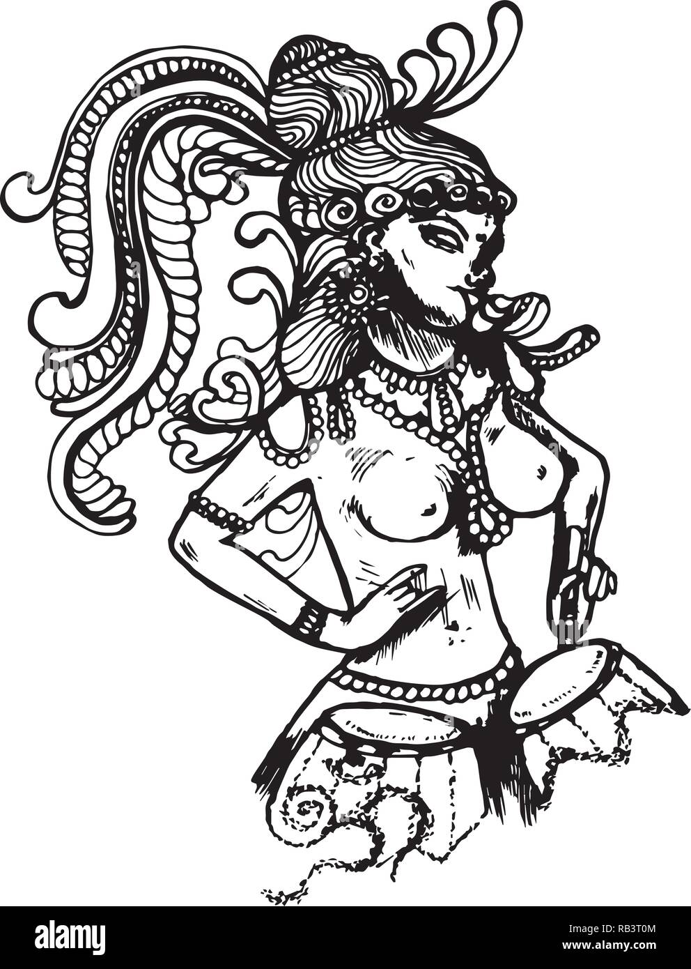 Illustrazione con la divina ballerina che suona la batteria vestito a festa. Illustrazione Vettoriale