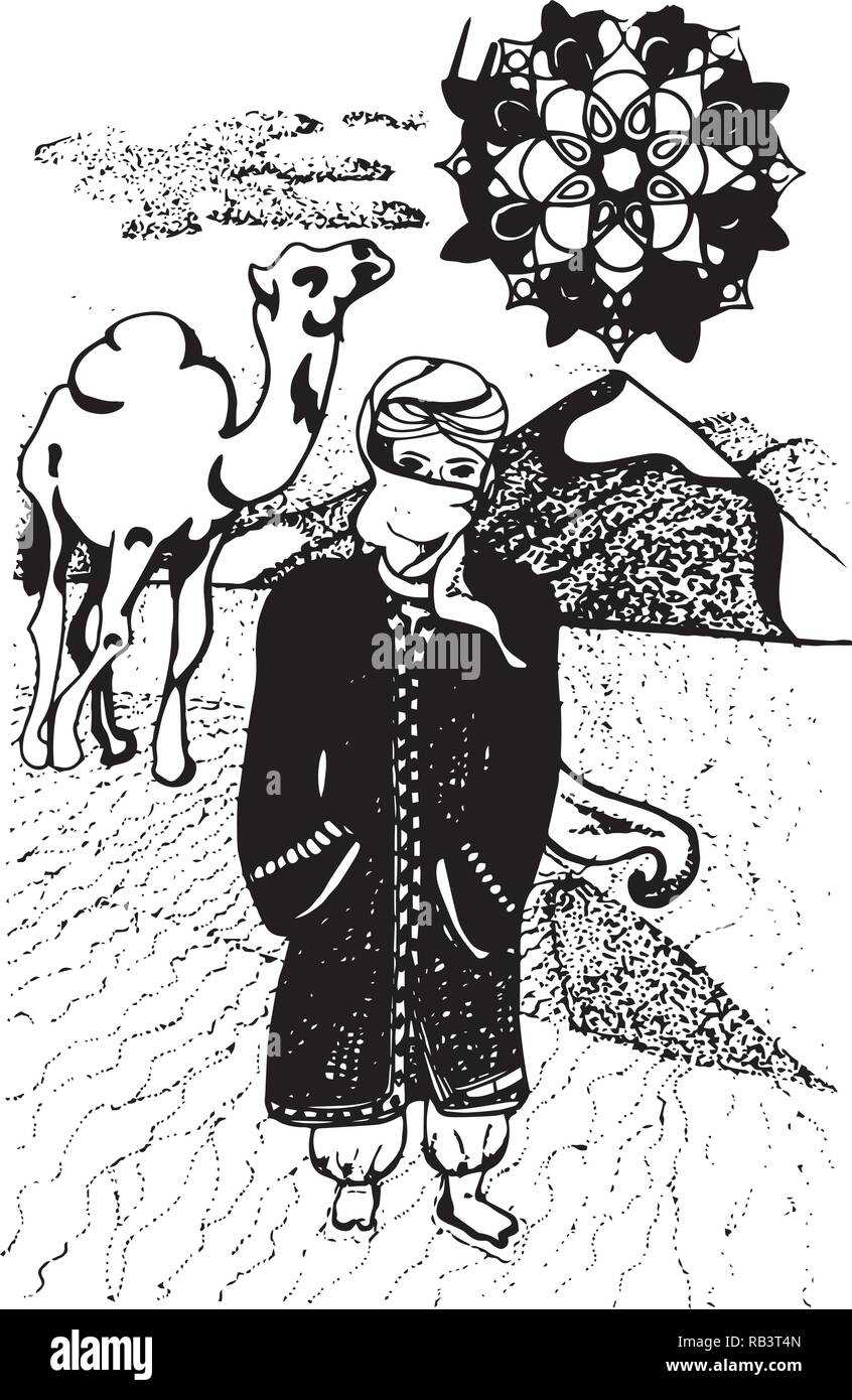 Illustrazione di un cammello su una collina di sabbia e sole mandala. Illustrazione Vettoriale