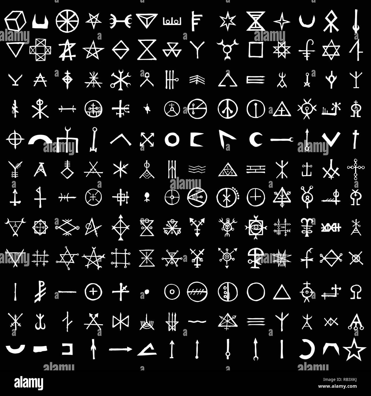 Grande set di simboli alchemici isolati su sfondo bianco. Disegnata a mano e gli elementi scritti per i segni di design. Ispirazione dalla mistica, esoterico, occ Illustrazione Vettoriale
